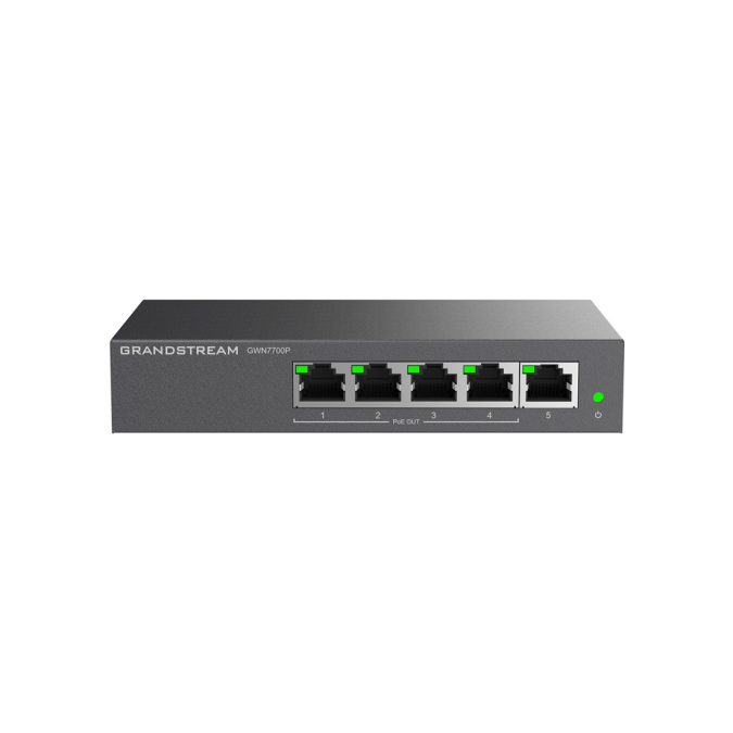 Коммутатор, Grandstream, GWN7700P, Неуправляемый, 5x GbE RJ45, 4x PoE 802.3 af/at, 60W, металлический корпус, настольный/настенный