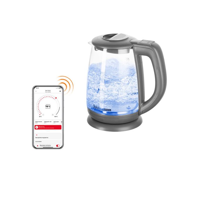 Чайник электрический, Redmond, SkyKettle RK-G214S, Темно-серый, Мощность 2200 Вт, Объем 1,7 л, Управление со смартфона, Регулировка температуры 40, 55, 70, 85, 100°C, Темно-серый