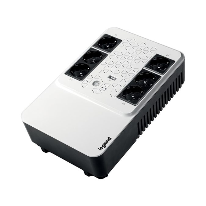 Источник бесперебойного питания, Legrand, Keor Multiplug 600 ВА 310081, Мощность 600ВА/360Вт, Линейно-интерактивный, Напольный, LED индикаторы/USB, Диапазон работы AVR:170-290В, Бат.: 12В/7Ач., Вых: 6xSchuko, Чёрно-белый