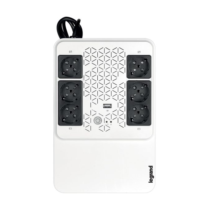 Источник бесперебойного питания, Legrand, Keor Multiplug 600 ВА 310081, Мощность 600ВА/360Вт, Линейно-интерактивный, Напольный, LED индикаторы/USB, Диапазон работы AVR:170-290В, Бат.: 12В/7Ач., Вых: 6xSchuko, Чёрно-белый