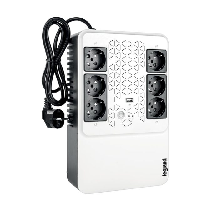 Источник бесперебойного питания, Legrand, Keor Multiplug 800 ВА 310082, Мощность 800ВА/480Вт, Линейно-интерактивный, Напольный, LED индикаторы/USB, Диапазон работы AVR:170-290В, Бат.: 12В/7Ач., Вых: 6xSchuko, Чёрно-белый