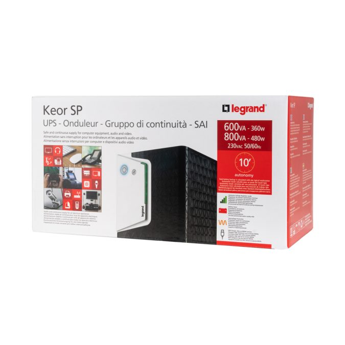 Источник бесперебойного питания, Legrand, Keor SP 600 ВА 310181, Мощность 600ВА/360Вт, Линейно-интерактивный, Напольный, LED индикаторы, Диапазон работы AVR:170-290В, Бат.: 12В/7Ач., Вых: 1 x Schuko, 1 х IEC C13, Чёрно-белый