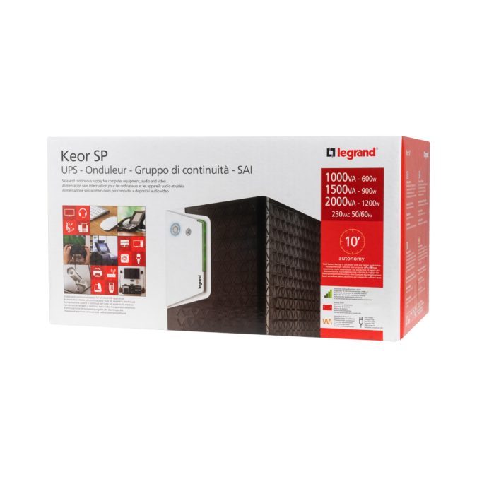 Источник бесперебойного питания, Legrand, Keor SP 1000 ВА 310187, Мощность 1000ВА/600Вт, Линейно-интерактивный, Напольный, LED индикаторы/USB/RS-232, Диапазон работы AVR:170-290В, Бат.: 12В/7Ач.*2 шт., Вых: 2 x Schuko, 2 х IEC C13, Чёрно-белый