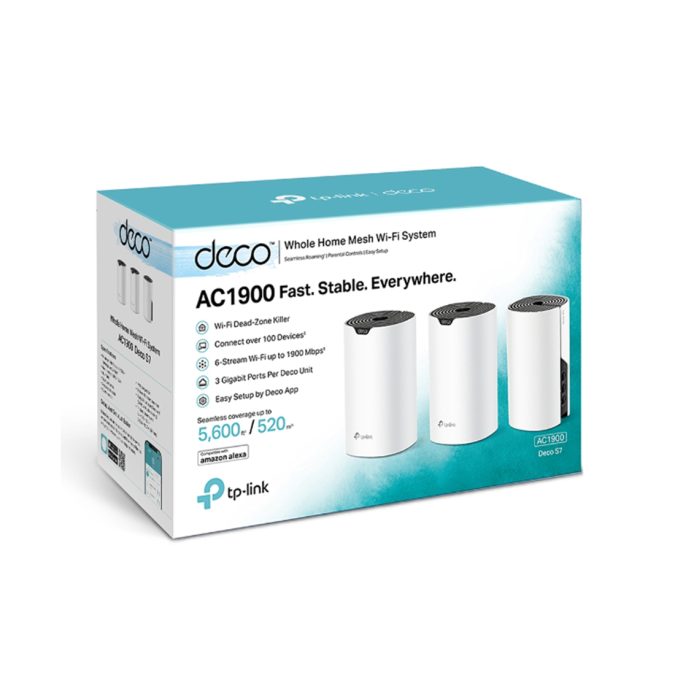 Домашняя Mesh-система Wi-Fi 5, TP-Link, Deco S7(3-pack), Wi-Fi 5, 2,4 ГГц/5 ГГц, 802.11a/b/g/n/ac, AC1900, 3 гигабитных порта WAN/LAN, 3 модуля в комплекте