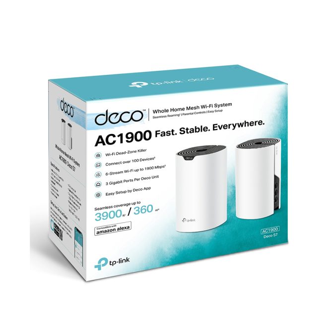 Домашняя Mesh-система Wi-Fi 5, TP-Link, Deco S7 (2-pack), Wi-Fi 5, 2,4 ГГц/5 ГГц, 802.11a/b/g/n/ac, AC1900, 3 гигабитных порта WAN/LAN, 2 модуля в комплекте