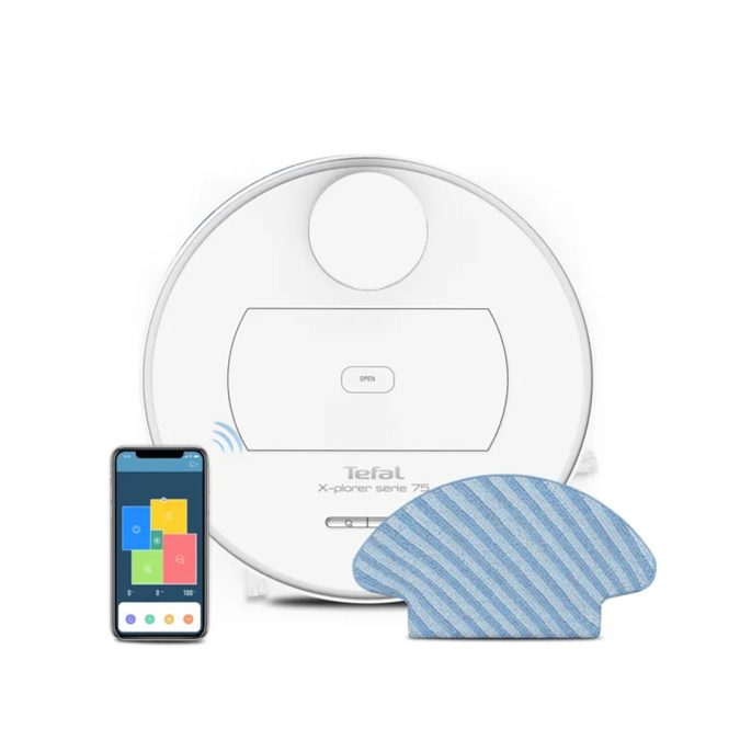 Робот-пылесос, Tefal, RG7687WH, Мощность всасвания 2700 ПА, Время работы до 2 часов 30 м, 3 режима работы, Контейнер для пыли 0,4 л, Выбор и ограничение зоны уборки, Wi-Fi, Набор для влажной уборки с 2-мя тряпками, Интеллектуальная навигация, Совместим с Алиса, Белый