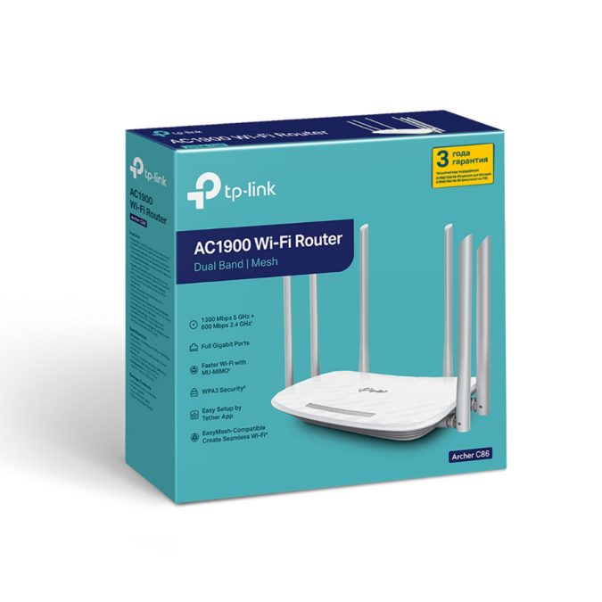 Маршрутизатор, TP-Link, Archer C86, 802.11a/b/g/n/ac. AC1900, 1 порт 10/100/1000M WAN, 4 порта 10/100/1000M LAN
