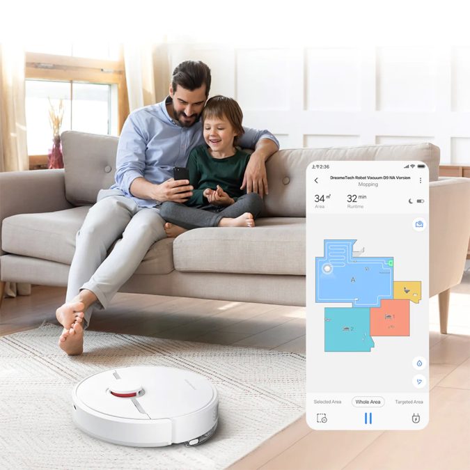 Робот-пылесос, Dreame, Robot Vacuum D9 Max, RLD33GA, Потребляемая мощность 42 Вт, Single Gyroscope + LDS, LiDAR Навигация, Аккумулятор 5200 мАч, Пылесборник 570 мл, Резервуар для воды 270 мл, Сила всасывания 4000 Па, Уровень шума 64 дБ, Nylon Filter+Hepa, Сухая и влажная уборка, Время автономной работы 150 мин (250), Голосовой помощник, Взаимодействие с приложениями Mi Home, Amazon Alexa, Яндекс Алиса, 4 режима уборки, Таймер включения, Поддержка Wi-Fi, Управление с помощью смартфона, Белый