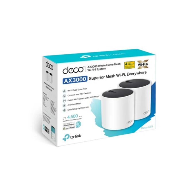 Беспроводная MESH-система Wi-Fi, TP-Link, Deco X55(2-pack), 2,4 ГГц/5 ГГц, 802.11a/b/g/n/ac/ax, AX3000, WI-FI 6, 3 порта 10/100/1000M WAN/LAN, 2 модуля в комплекте