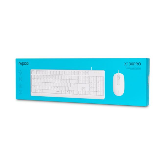 Комплект Клавиатура + Мышь, Rapoo, X130PRO, Оптическая мышь, 1000DPI, USB, Анг/Рус/Каз, Длина кабеля 1,5 метра, Кол-во стандартных клавиш 104, Защита от пролива воды/кофе, Белый