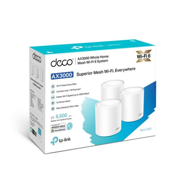 Беспроводная MESH-система Wi-Fi, TP-Link, Deco X50(3-pack), AX3000, Wi-Fi 6, 2,4 ГГц/5 ГГц, 802.11a/b/g/n/ac/ax, 3 порта 10/100/1000M WAN/LAN, 3 модуля в комплекте