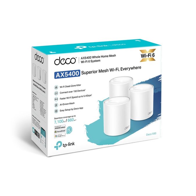 Беспроводная MESH-система Wi-Fi, TP-Link, Deco X60(3-pack), AX5400, Wi-Fi 6, 2,4 ГГц/5 ГГц, 802.11a/b/g/n/ac/ax,2 порта 10/100/1000M WAN/LAN 3 модуля в комплекте
