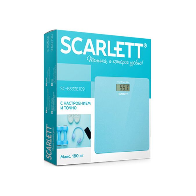 Весы, Scarlett, SC-BS33E109, Электронные, Максимальный вес 180кг, Материал корпуса стекло, Лазурный