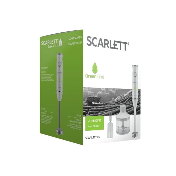 Погружной блендер, Scarlett, SC-HB42F65, Тип погружной, Мощность 700W, Количество скоростных режимов 1,Скорость работы 15000об/мин, Длина электрошнура 1.2м, Белый