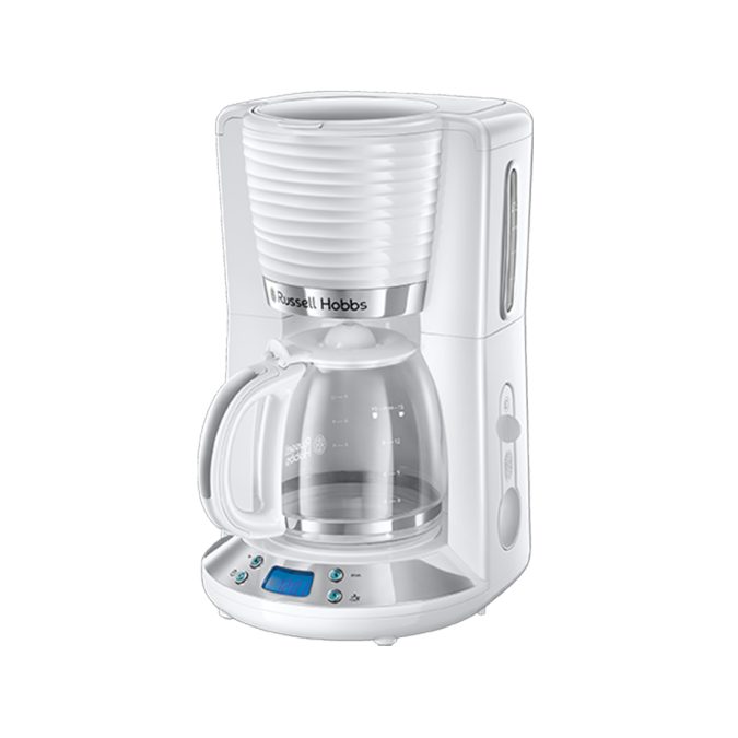 Кофеварка капельная, Russell Hobbs, 24390-56, Капельная, Мощность 1100W, Объем 1.2л, Нержавеющая сталь, Пластик, Дисплей, Индикатор уровня воды, Противокапельная система, Белый