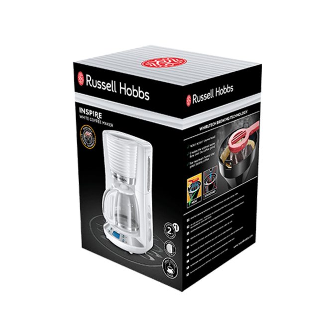 Кофеварка капельная, Russell Hobbs, 24390-56, Капельная, Мощность 1100W, Объем 1.2л, Нержавеющая сталь, Пластик, Дисплей, Индикатор уровня воды, Противокапельная система, Белый