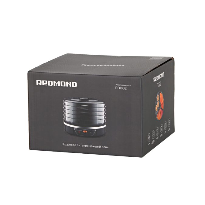 Сушилка для овощей и фруктов, Redmond, FD1102, Конвективная, 500W, Пластик, 5 съемных поддонов, Таймер, Установка времени, Приготовление пастилы, Черный