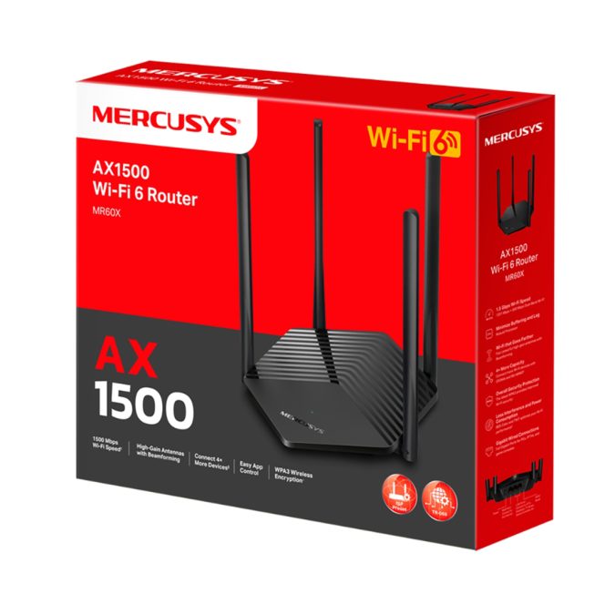 Маршрутизатор, Mercusys, MR60X, 802.11a/b/g/n/ac/ax, AX1500, 1 гигабитный порт WAN + 2 гигабитных порта LAN