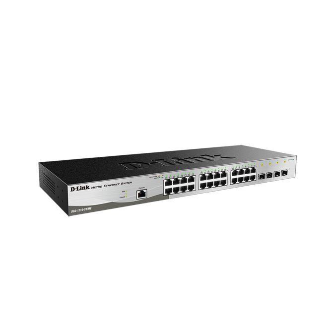 Коммутатор, D-Link, DGS-1210-28/ME/B2A, 19-дюймовый стоечный, 24 порта 10/100/1000M RJ45 + 4 порта 100/1000М/SFP, Управляемый (L2), Корпус металл, 1U