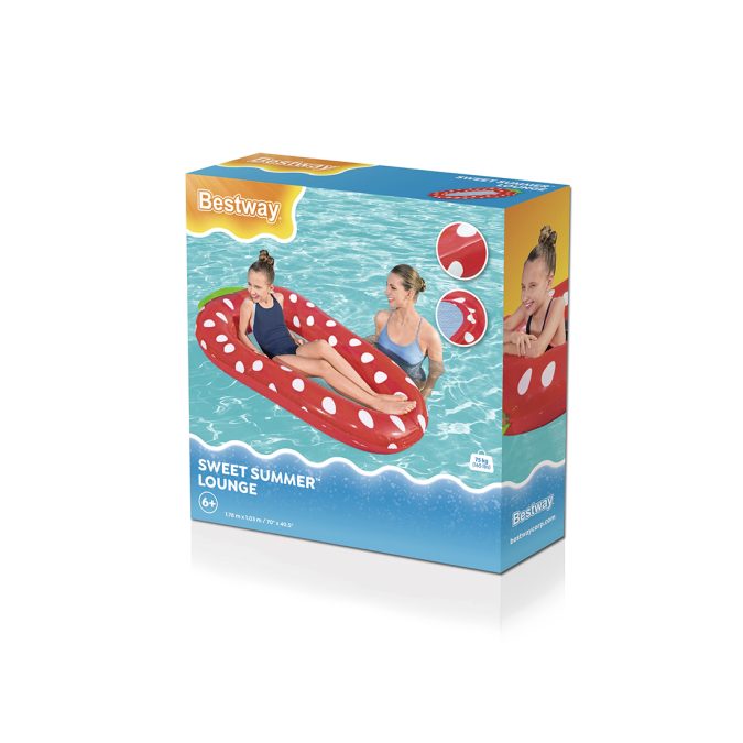 Пляжный шезлонг для отдыха на воде Sweet Summer 186 х 112 см, BESTWAY, 43644, Винил, Двухкамерный, Максимальная нагрузка 75 кг., Премиальная конструкция, Ананас/Клубника в ассортименте, Цветная коробка