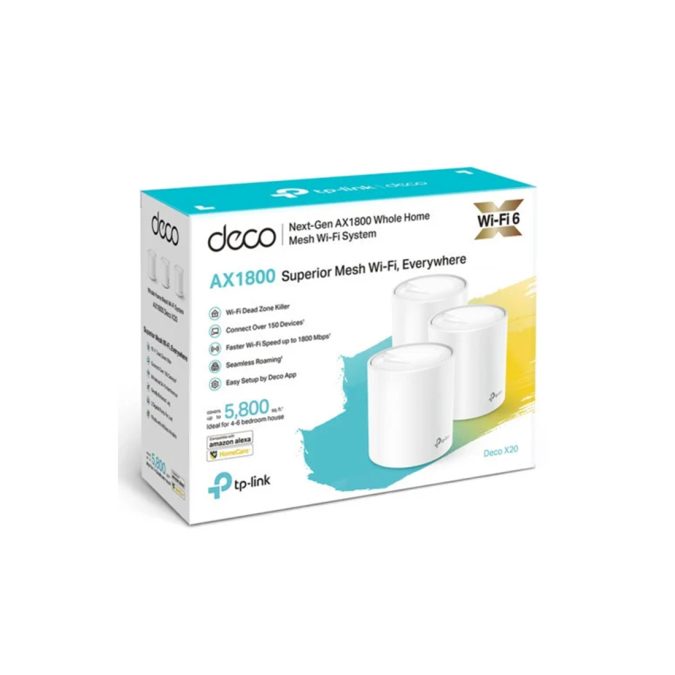 Беспроводная MESH-система Wi-Fi, TP-Link, Deco X20(3-pack), AX1800, Wi-Fi 6, 2,4 ГГц/5 ГГц, 802.11a/b/g/n/ac/ax, 2 порта 10/100/1000M WAN/LAN, 3 модуля в комплекте