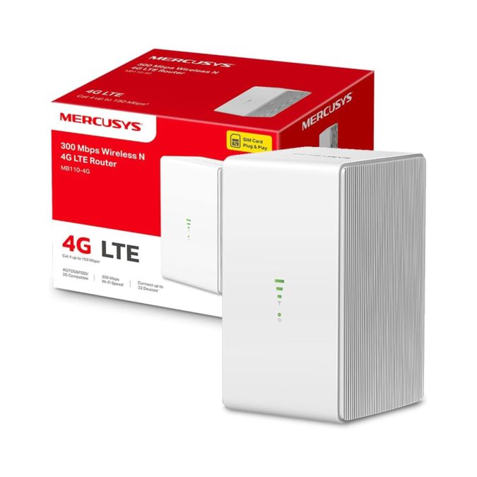 Маршрутизатор, Mercusys, MB110-4G, 802.11b/g/n, N300, 1  LAN/WAN 10/100 Мбит/с, 1  порт LAN 10/100 Мбит/с, 2 порта для подключения внешней антенны 4G/3G, 1  слот для установки Nano SIM-карты