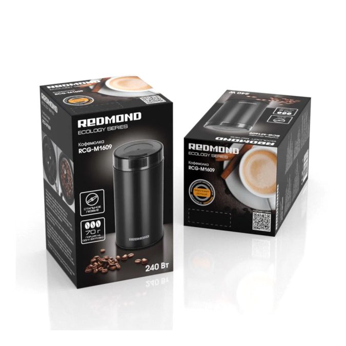 Кофемолка, Redmond, RCG-M1609, Ротационный нож, Вместимость 70 г, 1 степень помола, Блокировка включения при снятой крышке, Защита от перегрева, Черный/металл