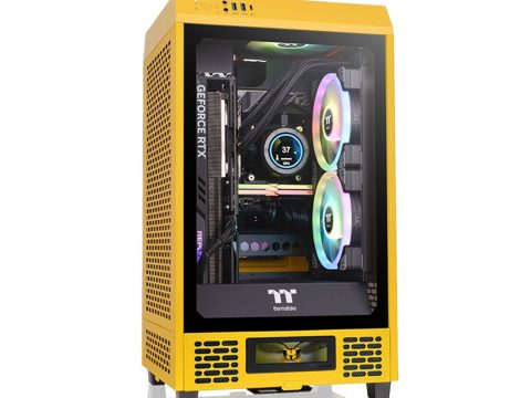 Компьютерный корпус, Thermaltake, The Tower 200 Bumblebee, CA-1X9-00S4WN-00, Mini Tower, Mini-ITX, USB 3.0*2/Type C*1, HD-Audio+Mic, Кулер 2*140 мм, Высота процессорного кулера до 200 мм, Длина VGA до 380 мм, 2*3,5"/2*2,5", Сталь, 3мм Закаленное стекло*1, 280*300*537мм, Без Б/П, Желтый