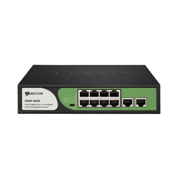 Коммутатор, BDCOM, S1500-8P2G, Неуправляемый, 8 портов PoE+ 10/100/1000M 802.3af/at, 2 порта 10/100/1000M, общ РоЕ (110 Вт), Настольный