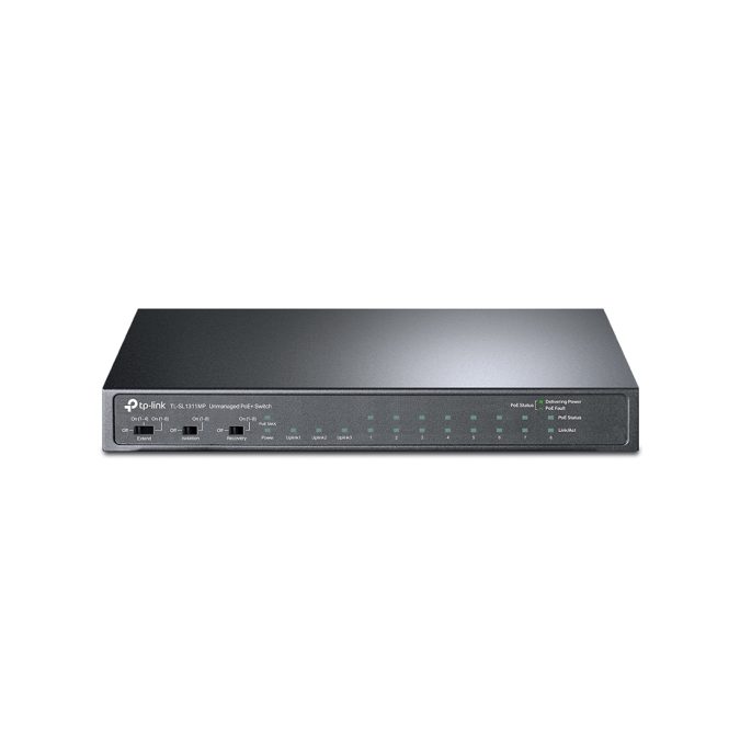 Коммутатор, TP-Link, TL-SL1311MP, Неуправляемый, 8 портов PoE+ 10/100 Мбит/с 802.3af/at, 2 гигабитных порта RJ45, 1 гигабитный SFP-порт, общ РоЕ (124 Вт)