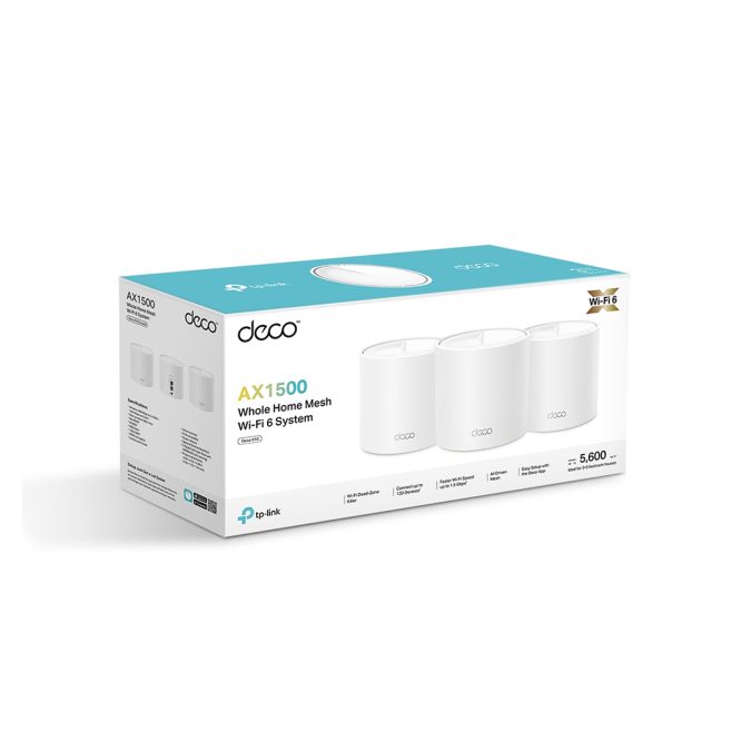 Беспроводная MESH-система Wi-Fi, TP-Link, Deco X10(3-pack), Wi-Fi 6, 802.11a/b/g/n/ac/ax, 2,4 ГГц/5 ГГц, AX1500, 2 гигабитных порта WAN или LAN (на каждом устройстве), 3 модуля