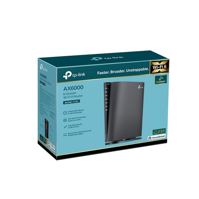 Маршрутизатор, TP-Link, Archer AX80, IEEE 802.11a/b/g/n/ac/ax, AX6000, порт WAN/LAN 2,5 Гбит/с, гигабитный порт WAN/LAN, три гигабитных порта LAN и порт USB 3.0