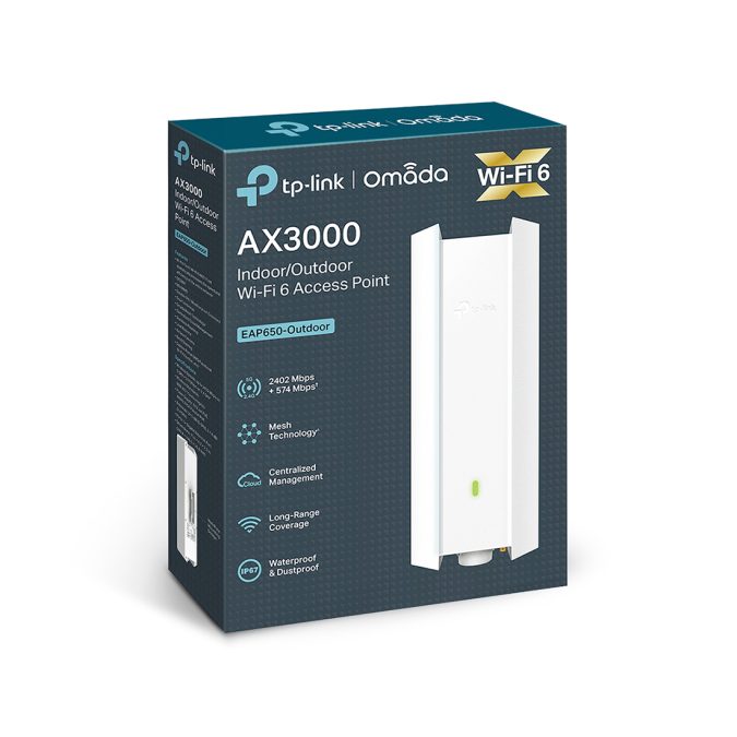 Wi-Fi точка доступа, TP-Link, EAP650-Outdoor, IEEE 802.11a/b/g/n/ac/ax, AX3000, 1 гигабитный порт Ethernet RJ45 (с поддержкой PoE 802.3at и Passive PoE 48В адаптер PoE идёт в комплекте)