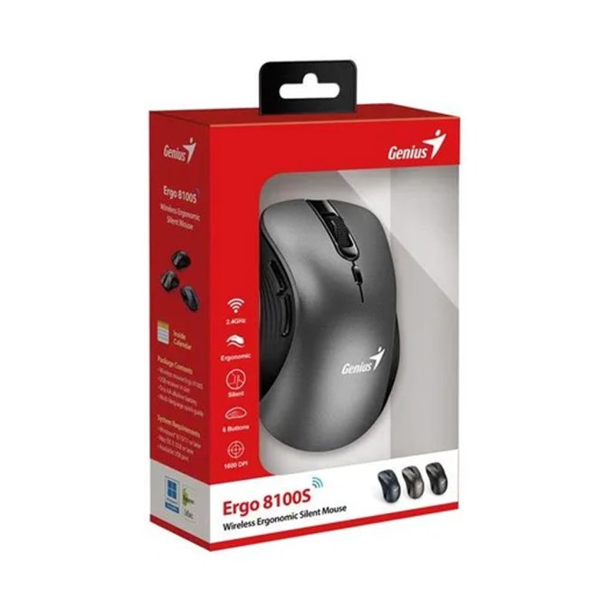 Компьютерная мышь, Genius, Ergo 8100S, 3D, Оптическая, 1600dpi, Беcпроводная 2.4ГГц, Батарейка АА*1, Радиус действия до 10 м, Серый