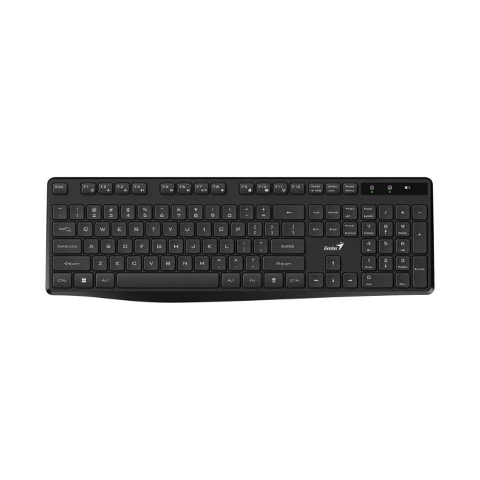 Клавиатура, Genius, KB-7200, Беспроводная 2.4ГГц, Кол-во стандартных клавиш 104, Батарейки в комплекте, Размер: 435,7*140,2*23,3 мм., Анг/Рус, Защита от случайного пролива воды/кофе, Чёрный