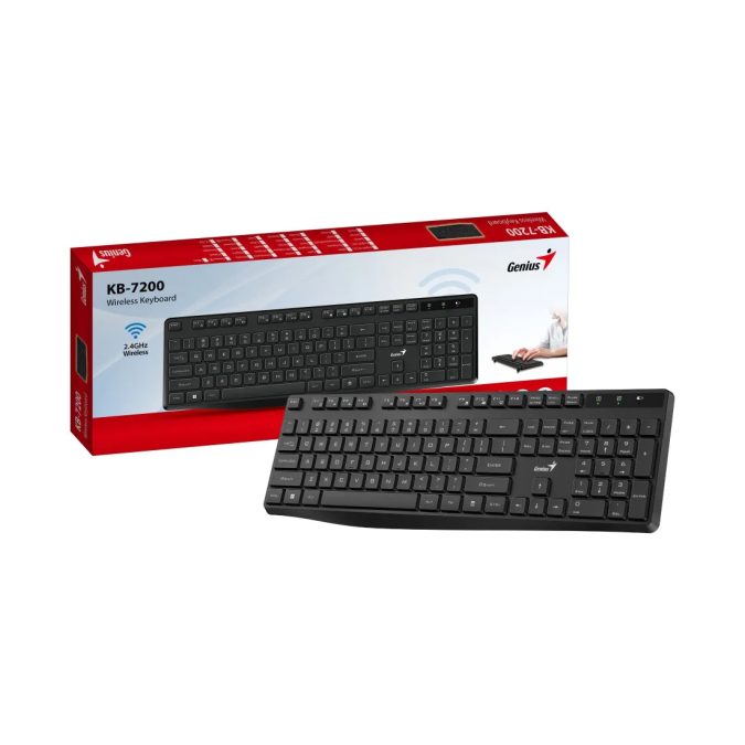 Клавиатура, Genius, KB-7200, Беспроводная 2.4ГГц, Кол-во стандартных клавиш 104, Батарейки в комплекте, Размер: 435,7*140,2*23,3 мм., Анг/Рус, Защита от случайного пролива воды/кофе, Чёрный