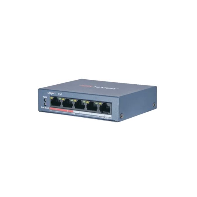 Коммутатор, Hikvision, DS-3E0105P-E(B), Неуправляемый, 4 x 10/100 Mbps, РоЕ 802.3af/at 60W, 1 x 10/100 Mbps RJ45, Настольный, Long Range Ports 1 to 4: up to 300 m.