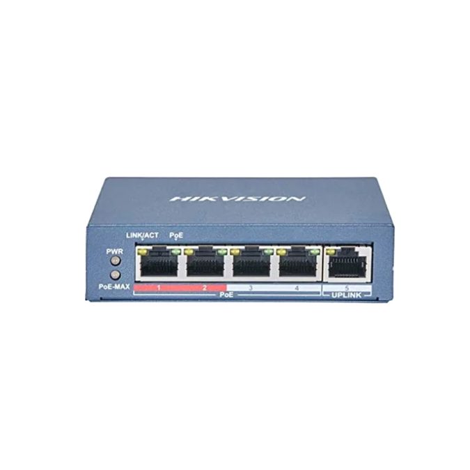 Коммутатор, Hikvision, DS-3E0105P-E(B), Неуправляемый, 4 x 10/100 Mbps, РоЕ 802.3af/at 60W, 1 x 10/100 Mbps RJ45, Настольный, Long Range Ports 1 to 4: up to 300 m.