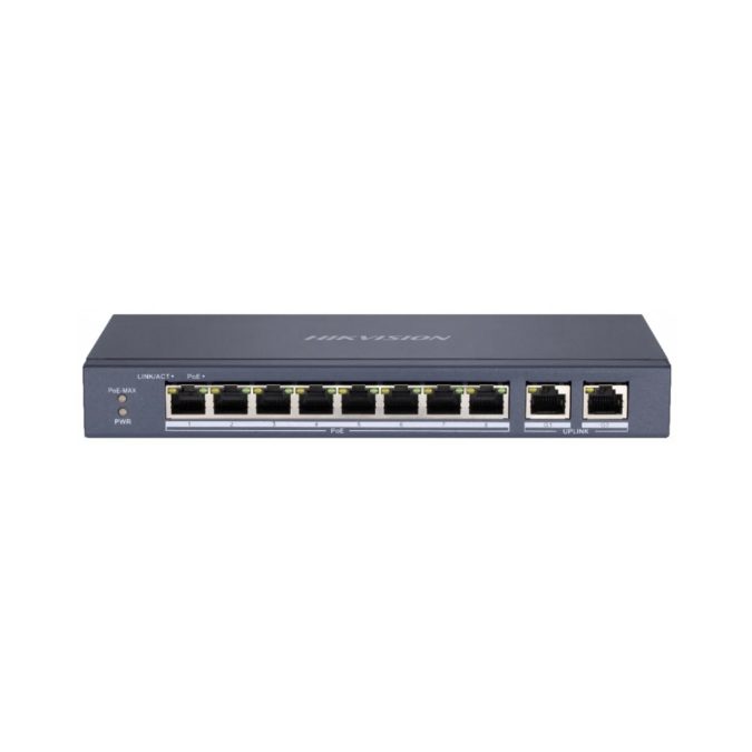 Коммутатор, Hikvision, DS-3E0310P-E/M, Неуправляемый, 8 x 10/100 Mbps, РоЕ 802.3af/at 60W, 2 x Gigabit RJ45, Настольный, Long Range Ports 1 to 8: up to 300 m.
