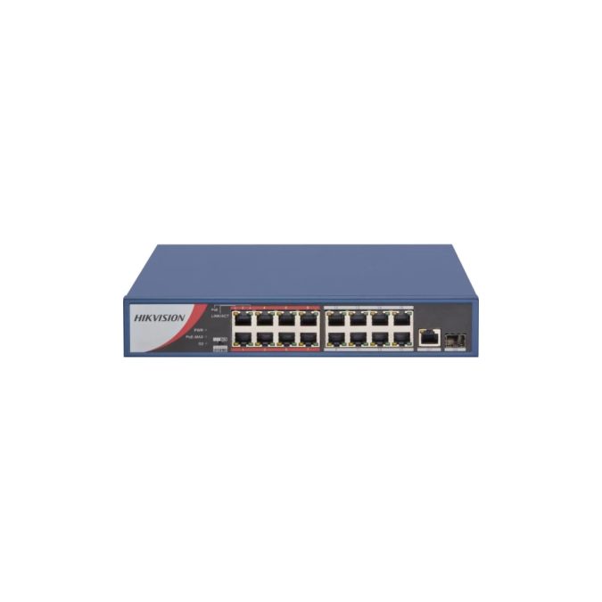 Коммутатор, Hikvision, DS-3E0318P-E/M(B), Неуправляемый, 16 x 10/100 Mbps, РоЕ 802.3af/at 130W, 1 x Gigabit RJ45, 1 x SFP combo, Настольный, Long Range Ports 9 to 16: up to 300 m.