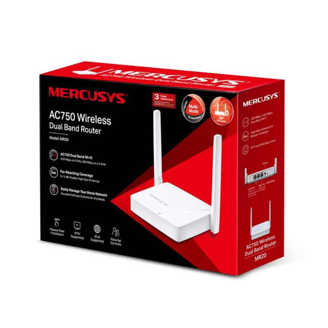 Маршрутизатор, Mercusys, MR20, 802.11a/b/g/n/ac, AC750, 1 порт WAN 10/100 Мбит/с, 2 порта LAN 10/100 Мбит/с