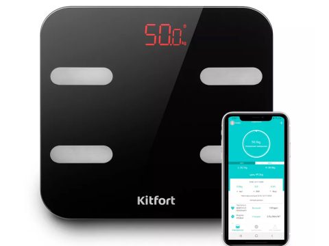 Весы, Kitfort, КТ-806, Материал платформы пластик, Максимальная нагрузка 180 кг , Тип элементов питания AAA, Управление со смартфона Bluetooth, Цвет черный