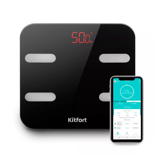Весы, Kitfort, КТ-806, Материал платформы пластик, Максимальная нагрузка 180 кг , Тип элементов питания AAA, Управление со смартфона Bluetooth, Цвет черный