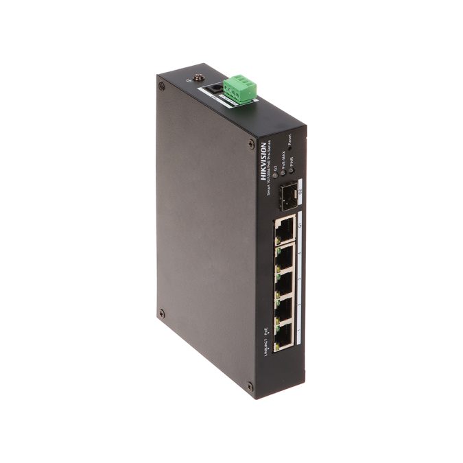 Коммутатор, Hikvision, DS-3T1306P-SI/HS, Управляемый L2, 4 x 10/100 Mbps, РоЕ 802.3af/at 60W, 1 x Gigabit RJ45, 1 x SFP combo, Настольный, Long Range Ports 1 to 4: up to 300 m.