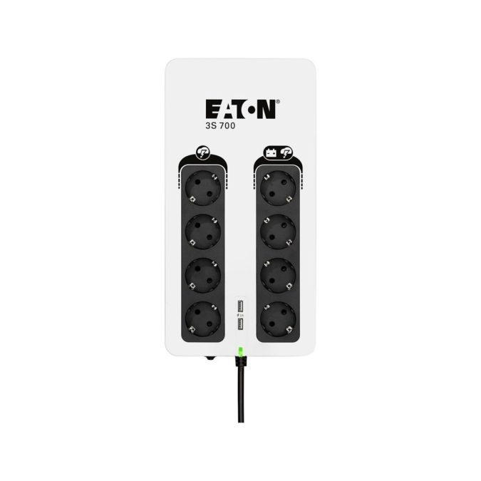 Источник бесперебойного питания, Eaton, 3S700D, Мощность 700ВА/420Вт, Диапазон работы AVR: 184-264В (с возможностью регулировки до 161-284В), Бат.: 12В/7 Ач*1шт., 8 вых.: 8 розеток Schuko (из них с питанием от батареи - 4), 2 USB порта с током до 2A, RJ-11/RJ-45, Smart, USB-B, LED, Цвет Чёрно-Белый