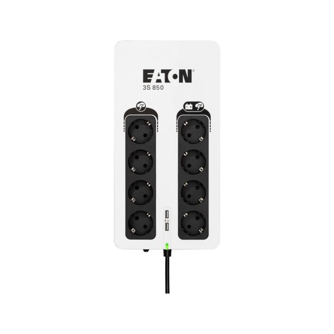 Источник бесперебойного питания, Eaton, 3S850D, Мощность 850ВА/510Вт, Диапазон работы AVR: 184-264В (с возможностью регулировки до 161-284В), Бат.: 12В/9 Ач*1шт., 8 вых.: 8 розеток Schuko (из них с питанием от батареи - 4), 2 USB порта с током до 2A, RJ-11/RJ-45, Smart, USB-B, LED, Цвет Чёрно-Белый