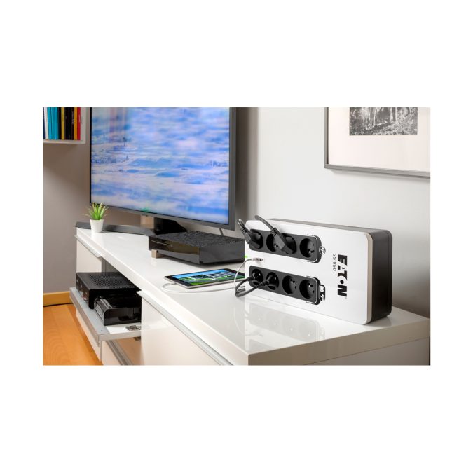 Источник бесперебойного питания, Eaton, 3S850D, Мощность 850ВА/510Вт, Диапазон работы AVR: 184-264В (с возможностью регулировки до 161-284В), Бат.: 12В/9 Ач*1шт., 8 вых.: 8 розеток Schuko (из них с питанием от батареи - 4), 2 USB порта с током до 2A, RJ-11/RJ-45, Smart, USB-B, LED, Цвет Чёрно-Белый
