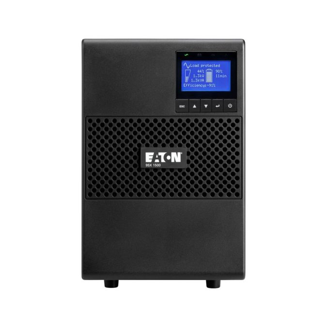 Источник бесперебойного питания, Eaton, 9SX1500I, Онлайн, Напольный, Мощность 1500ВА/1350Вт, Диапазон работы AVR: 190-276В (с возможностью регулировки до 120-276В), Бат.: 12В/9 Ач*4шт., Чистая синусоида, 6 вых.: 6 IEC C13 (10А), Smart, USB-B, RS232, SNMP слот, LCD, ABM, Цвет Чёрный