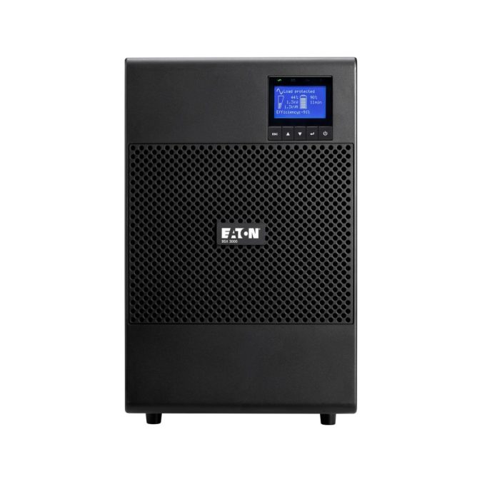 Источник бесперебойного питания, Eaton, 9SX3000I, Онлайн, Напольный, Мощность 3000ВА/2700Вт, Диапазон работы AVR: 200-276В (с возможностью регулировки до 140-276В), Бат.: 12В/9 Ач*8шт., Чистая синусоида, 9 вых.: 8 IEC C13 (10А) и 1 IEC C19 (16А), Smart, USB-B, RS232, SNMP слот, LCD, ABM, Цвет Чёрный