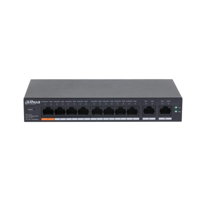 Коммутатор, Dahua, DH-CS4010-8ET-60, Управляемый, 8 портов 10/100M (PoE 802.3af/at/Hi-PoE,60W), 2 порта 10/100/1000M,